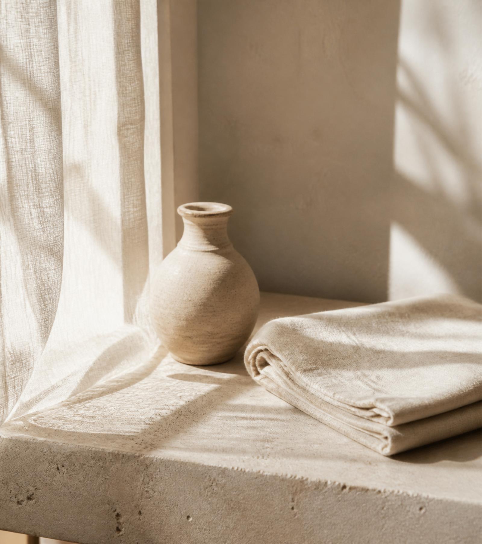 Warm natural light on soft linen and stone — the feel of a considered medspa environment